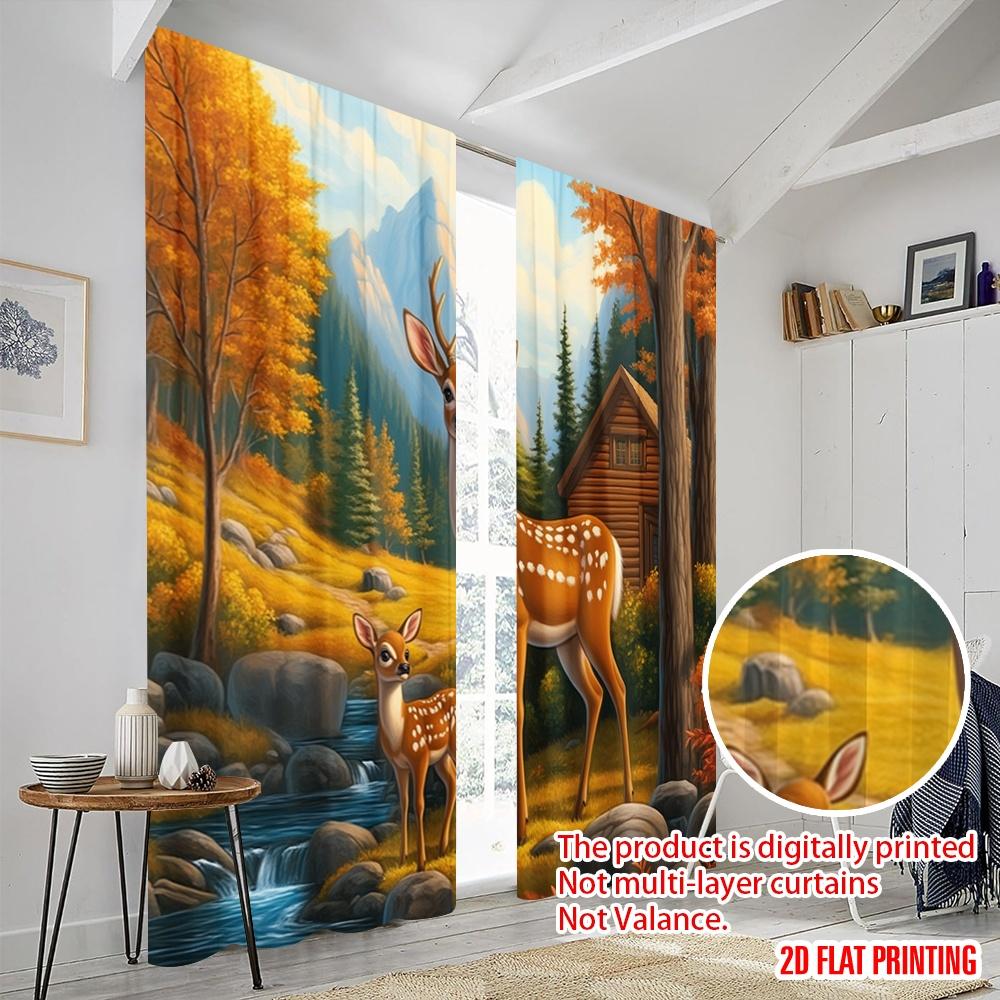 2 Stück, 2D-Flachdruck Druckvorhänge Reh Kitz Hütte Wald Herbst Vielseitiger Polyesterstoff (ohne Stange) Außendekorationen