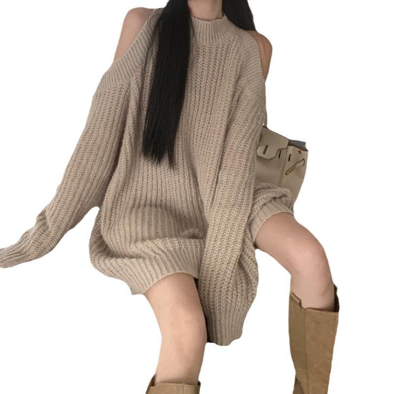 Off-the-shoulder pure desire style design neck sweater women's autumn and winter new lazy wind crew neck sweater