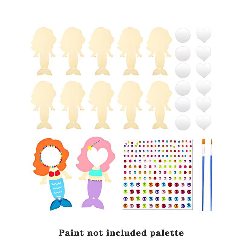 

12PCS Mermaid Wooden Mirror Handheld Handmade Round Love Mermaid Mirror Kids DIY Material Accessories Home Decoration