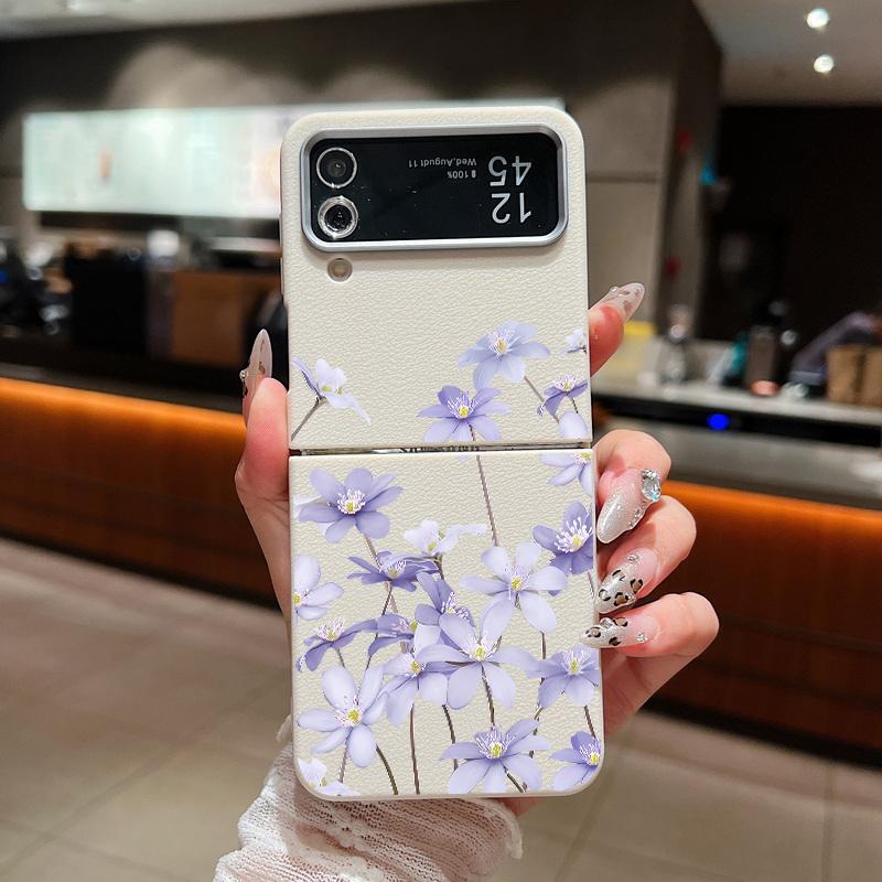 Leather Texture Soft TPU Folding Case For Samsung Galaxy Z Flip7 Flip6 Flip5 Flip4 Z Flip 7 FE 6 5 3 5G Plant Print Phone Cover