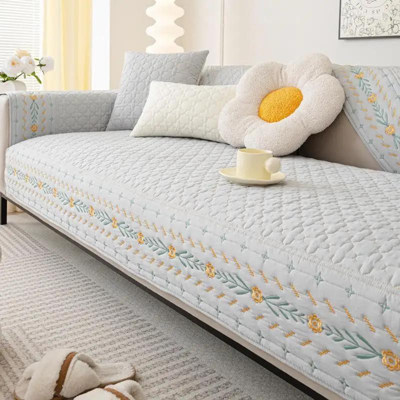 Fashion Nordic Sofa Mat Simple Embroidery Water Washed Cotton Dustproof Couch Cover Soft Anti Slip Furniture Protective Sleeve