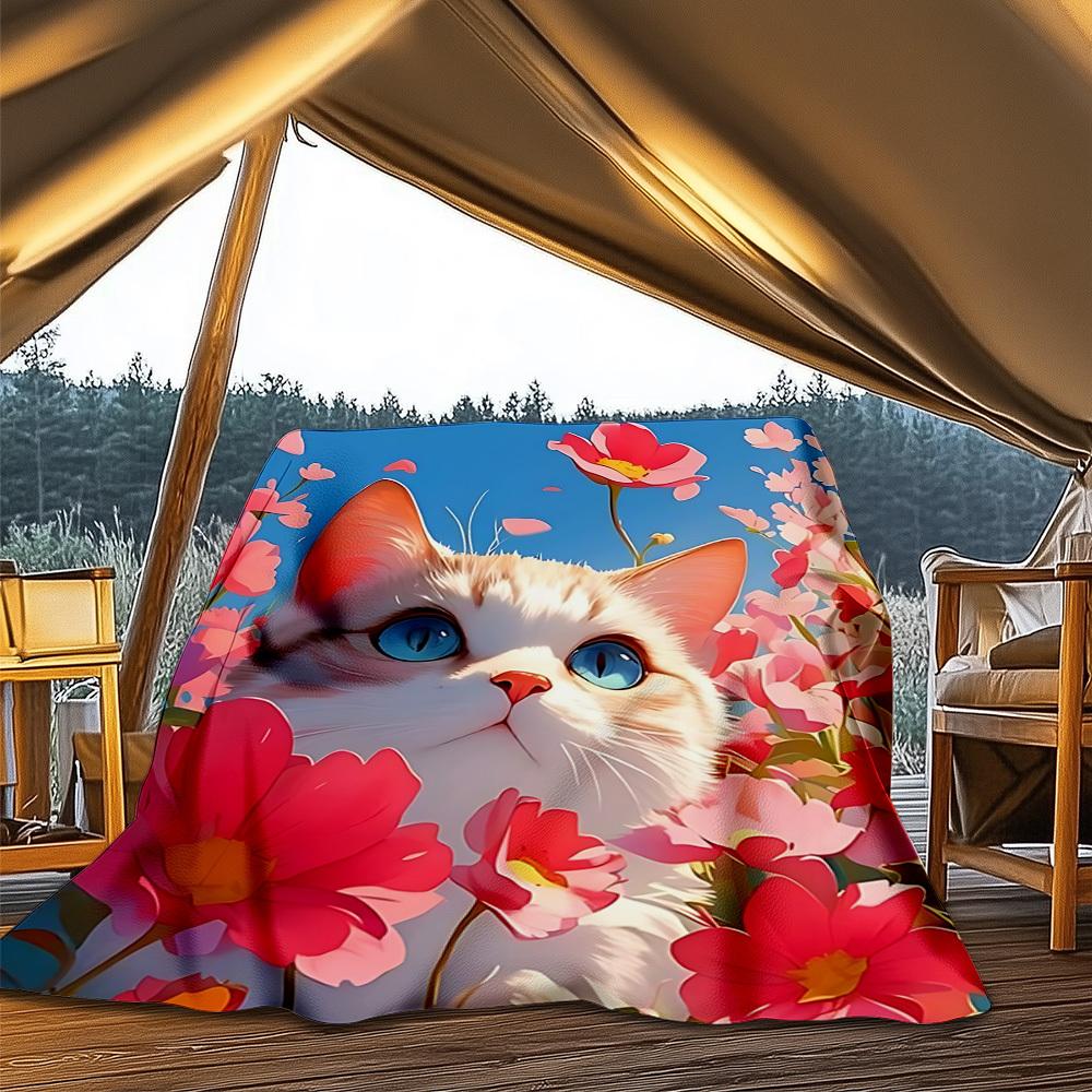 1pc Floral Cat Print Outdoor Flannel Blanket , Machine Washable Perfect Gift for Birthday , Holiday Travel Accessory , Durable Material