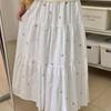 Fresh Embroidered Floral White Midi Skirt for Women - Summer A-Line Pleated Full Flared Umbrella Skirt