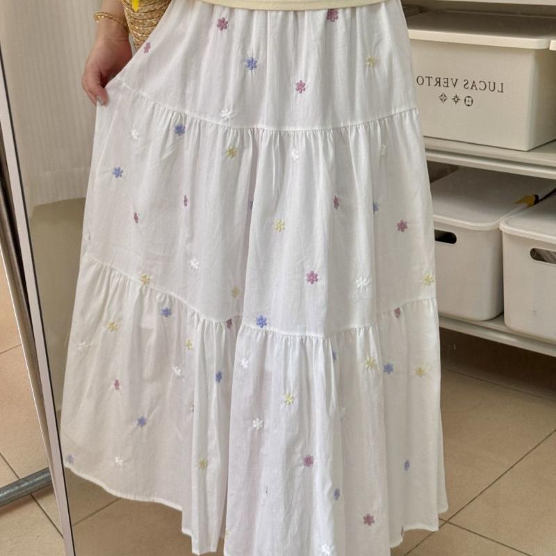 Fresh Embroidered Floral White Midi Skirt for Women - Summer A-Line Pleated Full Flared Umbrella Skirt