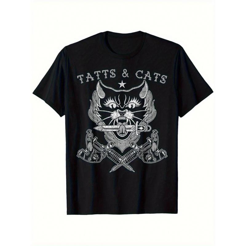 Vintage Tattoo & Katze Grafik T-Shirt für Damen & Herren - Baumwolle 180GSM Schweres Rundhals-T-Shirt mit keltischem Knoten & von Bikern inspiriertem Tattoo-Art, Retro