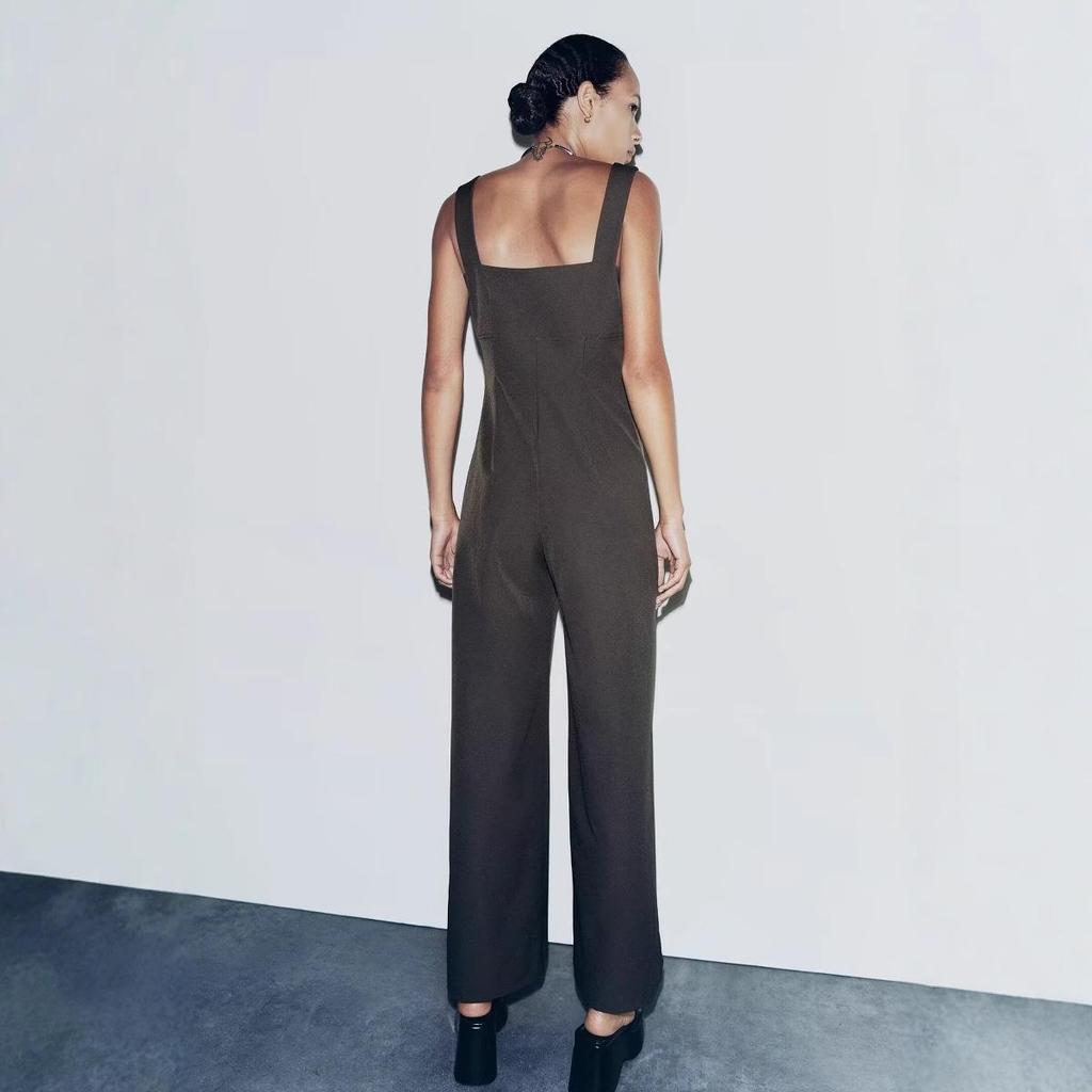 European & American Autumn/Winter Fashion: Square Neck Sleeveless Spaghetti Strap Jumpsuit with Waist-Cinching Long Pants for Women, 2025 Edition