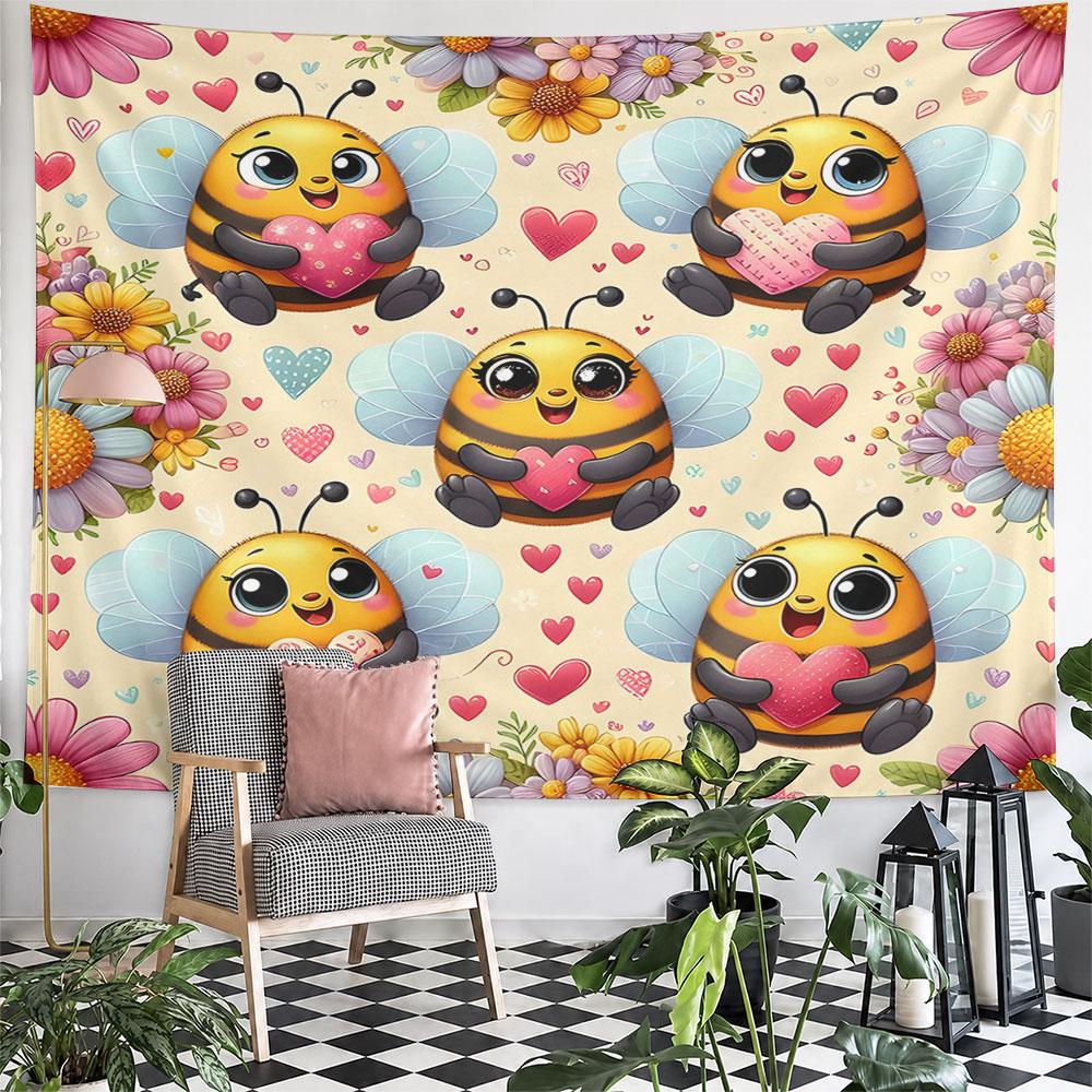Cute Bees Holding Hearts with Floral Background Pattern Wall Hanging Tapestry Decorative Tapestry Home Decor for Bedroom and Living Room