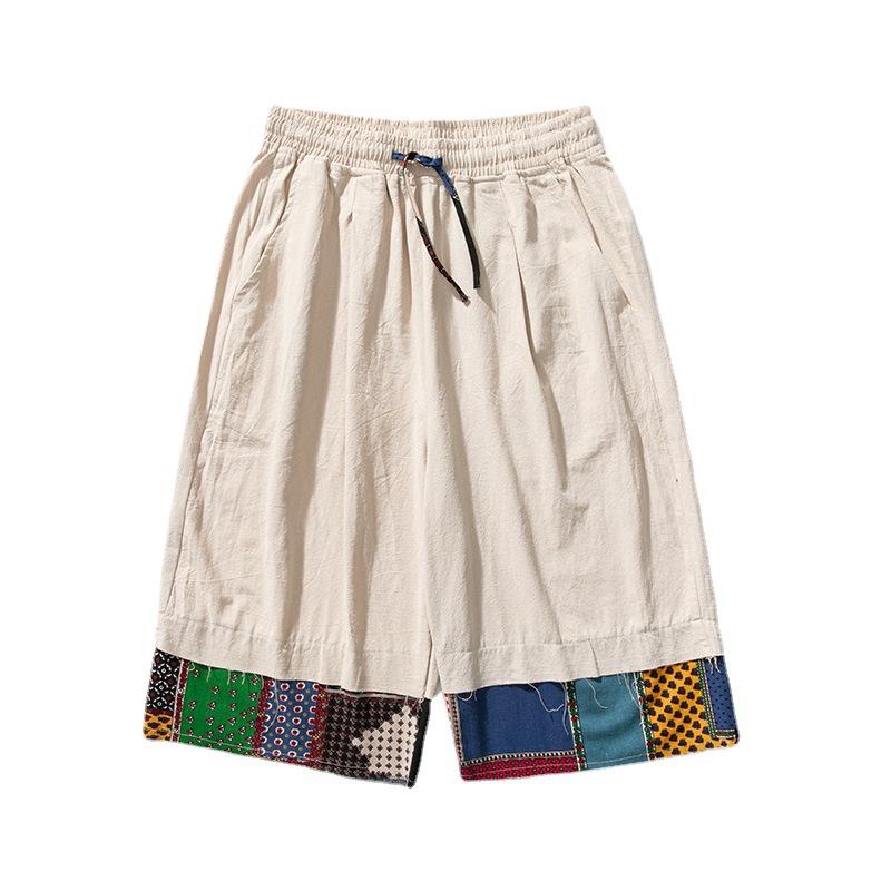 Chinese style summer new large size shorts men's splicing cotton and linen loose casual pants fashion cotton and linen cropped pants