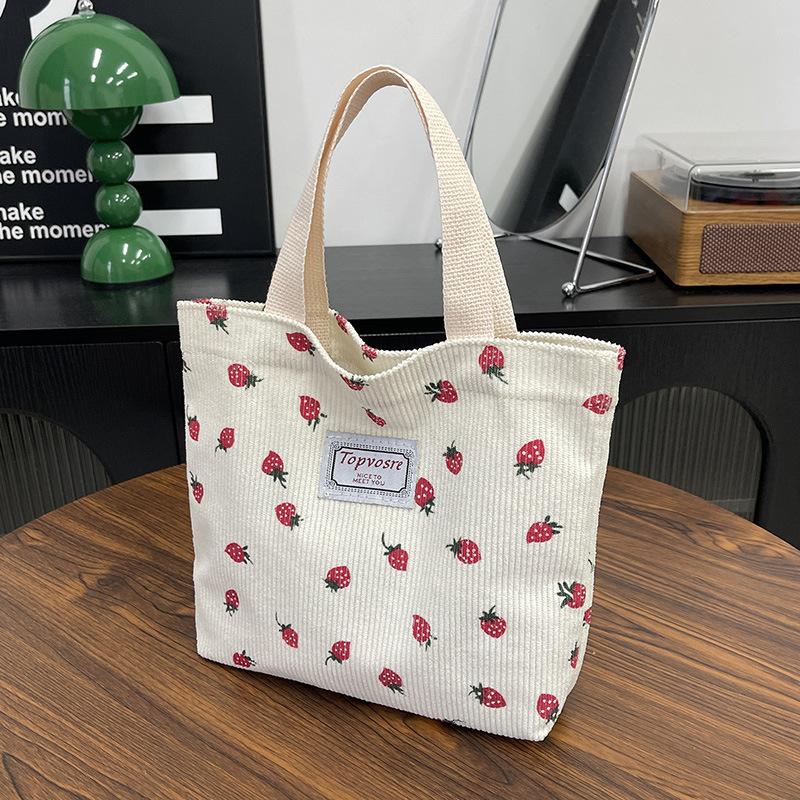 Yiran Ring Women's White Large Capacity Strawberry Printed Handbag Corduroy Korean Ins Wind Fashion Lunch Bag Commuter Handbag