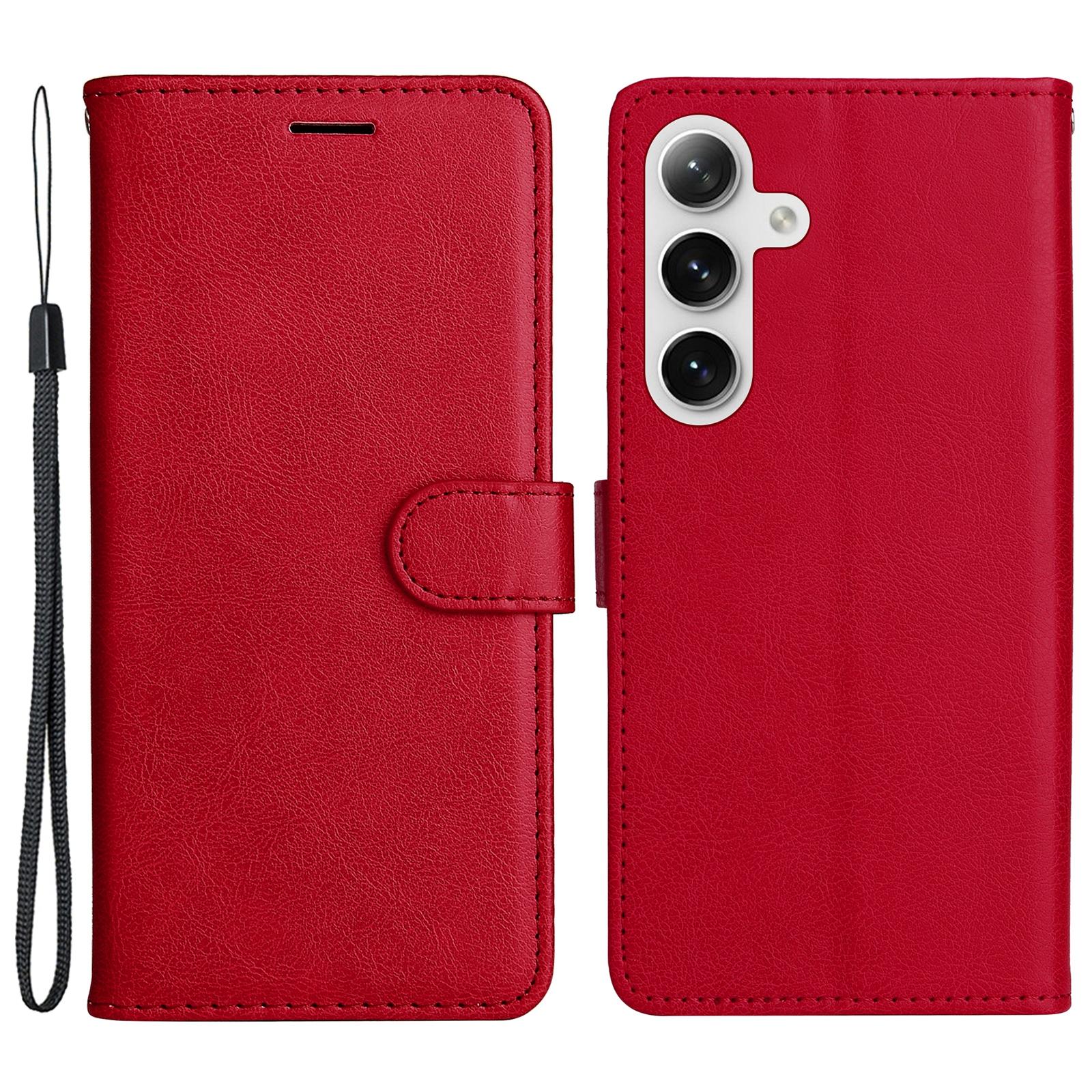 

For Samsung Galaxy S25/S24 Case Solid Color Leather Mobile Cover Wallet Stand with Strap Red