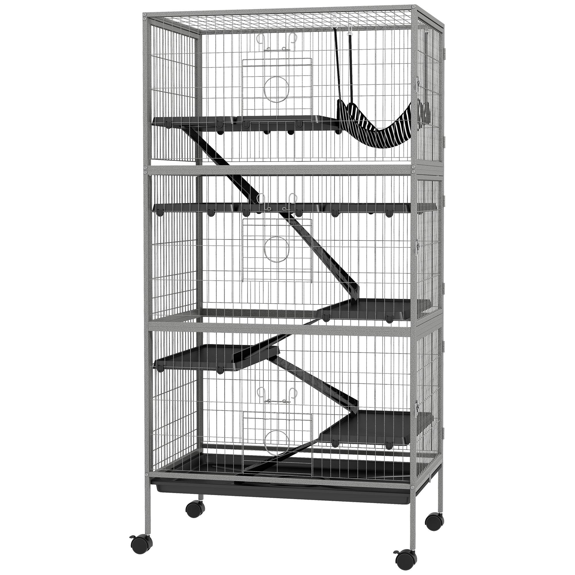 Cage Multifonctionnelle pour Rongeurs 4 Plateformes 3 Rampes 4 Portes Dimensions 80L X 52l X 159H Cm Acier Gris Argenté Noir