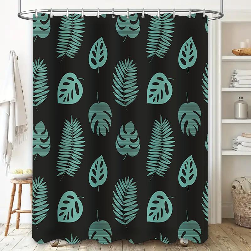 Blue Green Leaf Shower Curtain Waterproof Bath Decoration For Modern Bathroom Decor Dark Green Black Background Print 72X84 In (