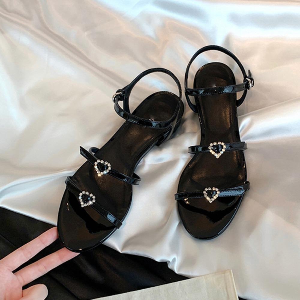 Fashion Sandals for Women Summer Round Headed Double with Heart-shaped Diamond Buckle Adjustable Sandal Slippers 2025 New Flat Sandals