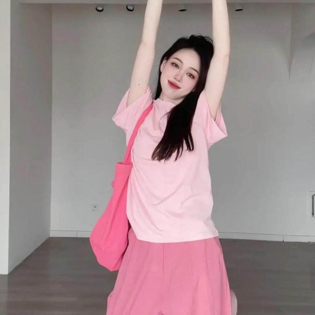 Pink Summer Dopamine Two-Piece Set: Stylish Short-Sleeve T-Shirt and Wide-Leg Pants for Petites