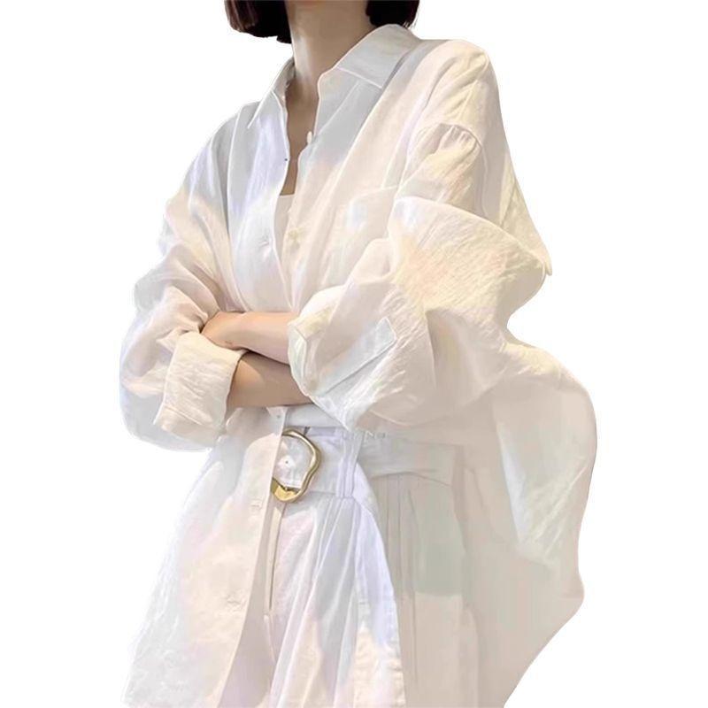 Wit Ademend Katoen en Linnen Zonwerend Shirt met Lange Mouwen voor Dames Zomer Dun Lui Stijl Los Casual Veelzijdig Topje