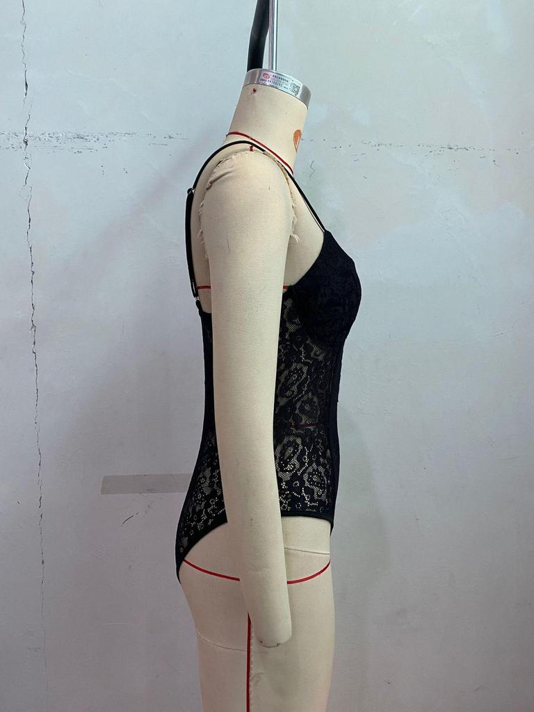 2026 European & American Sexy Slim-Fit Black Lace Button Camisole Bodysuit for Women
