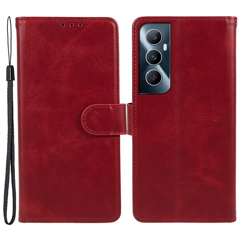 

For Realme C65 4G Case Leather Calf Texture Busines Phone Cover with Card Holders Stand Function Red