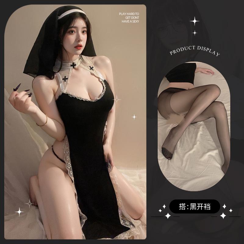 Erotic Lingerie Pure Lust Sexy Cosplay Free Nun High Slit Lace Dress Set