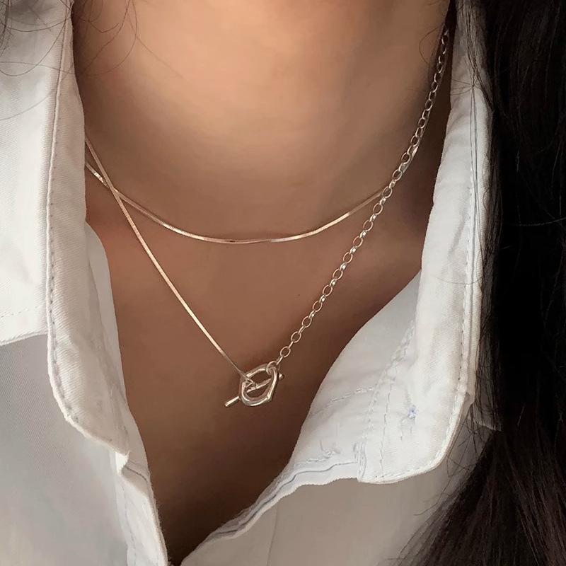 Korean S925 Sterling Silver Double Layer OT Snake Bone Necklace for Women – Versatile, High-End Sweater Chain