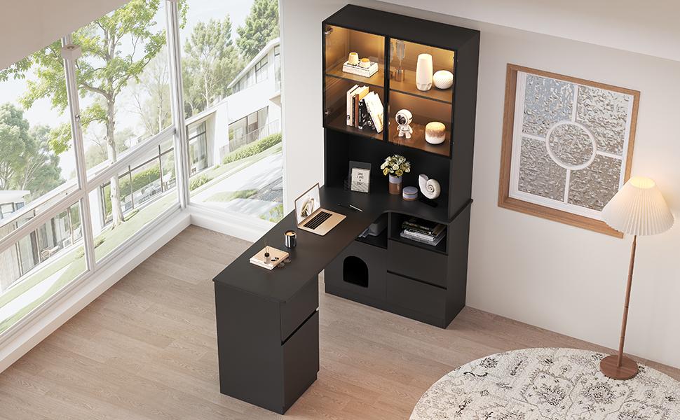 Corner desk with shelf and LED display cabinet 120×80×180 cm - desk with cable grommet, 3 drawers, 2 doors, open compartments