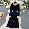 Celebrity senior sense heavy industry bead round neck long sleeve knitted dress women's autumn waist sweater medium and long dress