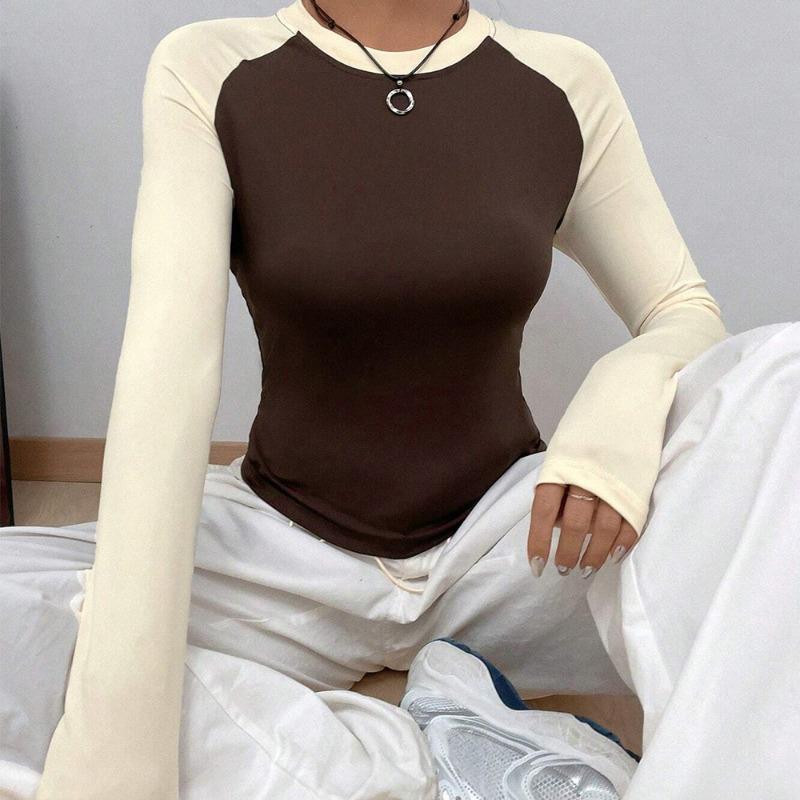 Женские повседневные базовые топы на весну и лето, ленивый стиль, простые и модные, универсальные, контрастные цвета S коричневый