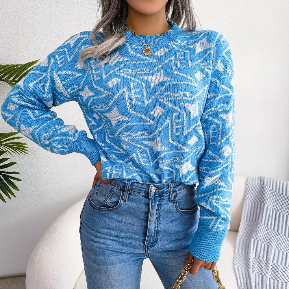 Autumn and Winter Contrasting Color Star Long-sleeved Casual Knitted Sweater