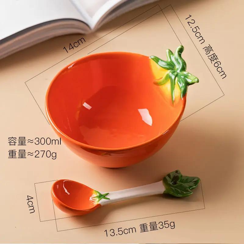 Ceramic Fruit Salad Bowl with Spoon Cartoon Vegetable Tableware Eating Rice Bowl Serving Strawberry Bowl Noodle Bowls 300ml