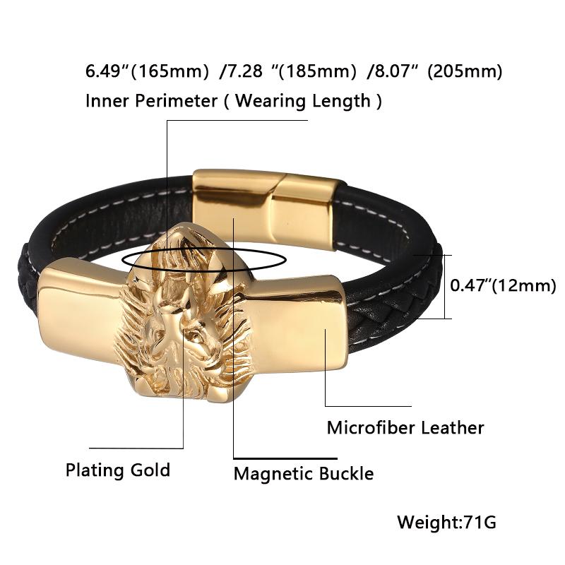 New Mens Bracelets Leo Lion Stainless Steel Clasp Black Leather Bracelet Cuff Wristband Fashion Jewelry
