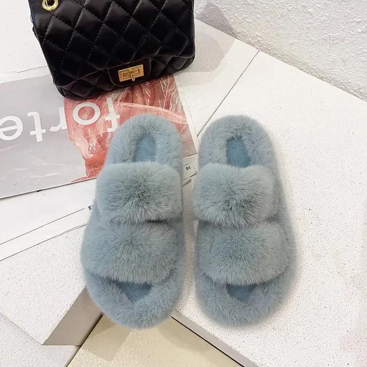 Fashion Fashion One Word Thick Fur Slippers Double Fur Slippers Casual Home Cotton Shoes for Women Flat Plush Cross Straps Slippers2024