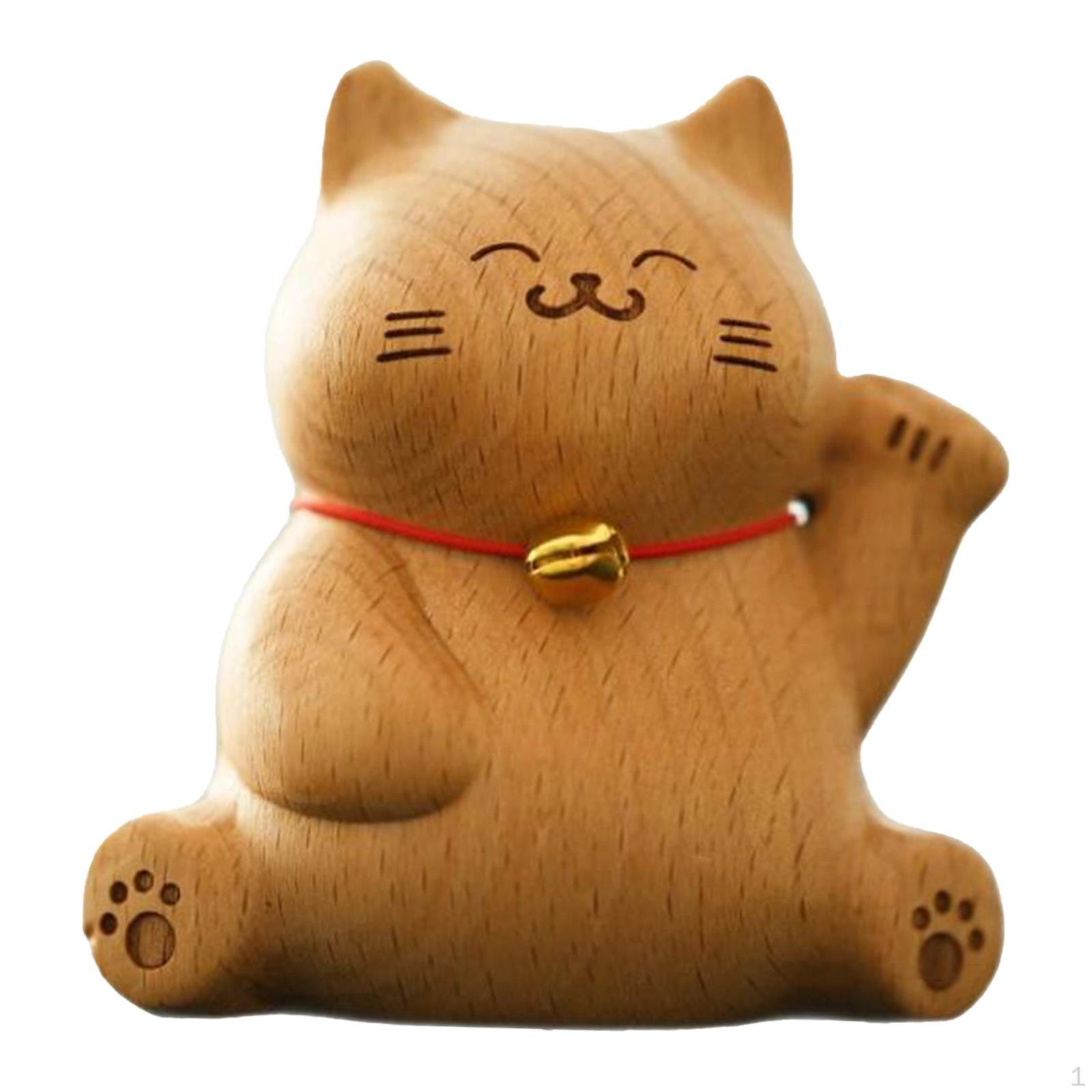 Carved Wooden Cat Statue Animal Figure Desk Carving Ornament Miniature Kitten Figurine for Companies Style A