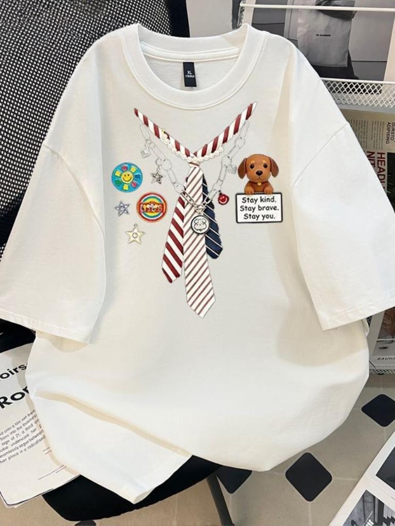 American Dog Tie Pure Cotton ShortSleeved TShirt Unisex And Unisex Summer Loose All Match Show Thin And Small Lovers Top