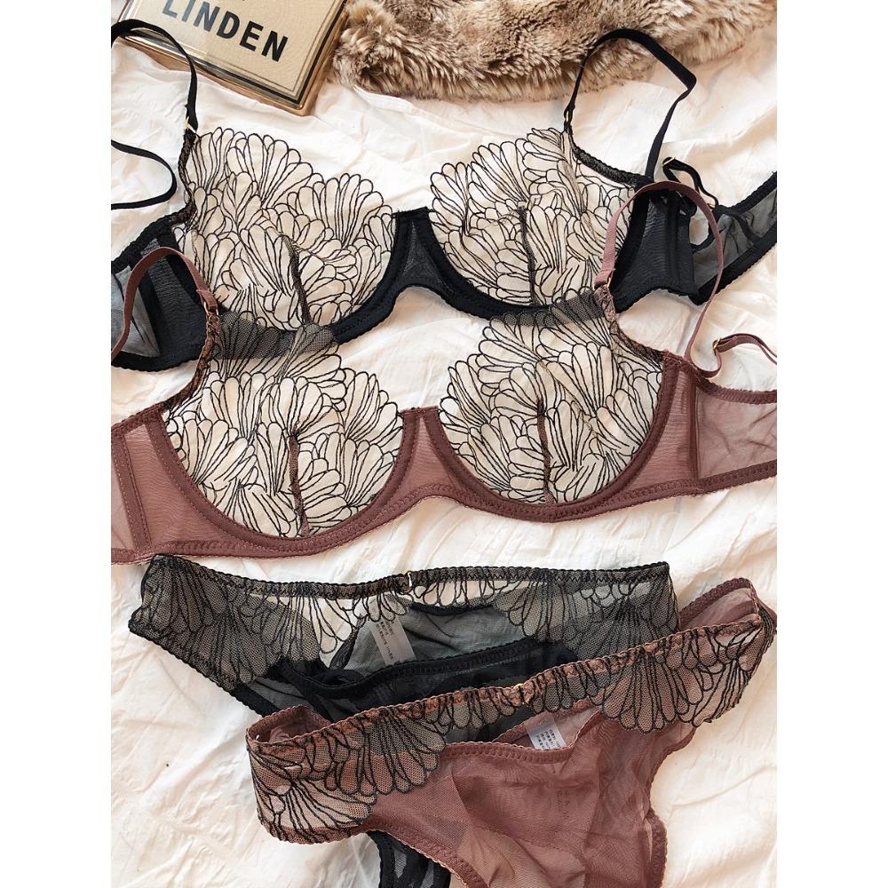 Summer Lace Ultra Thin Women Underwear French High Quality Feather Push Up Bra Set Sexy Brassiere and Hollow Panties Sets Ladies