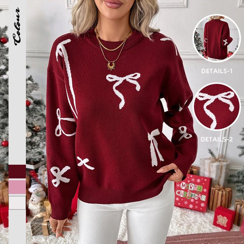 Womens Sweet Knit Sweater With Bow Detail Acrylic Blend Loose Fit Long Sleeve Top Winter