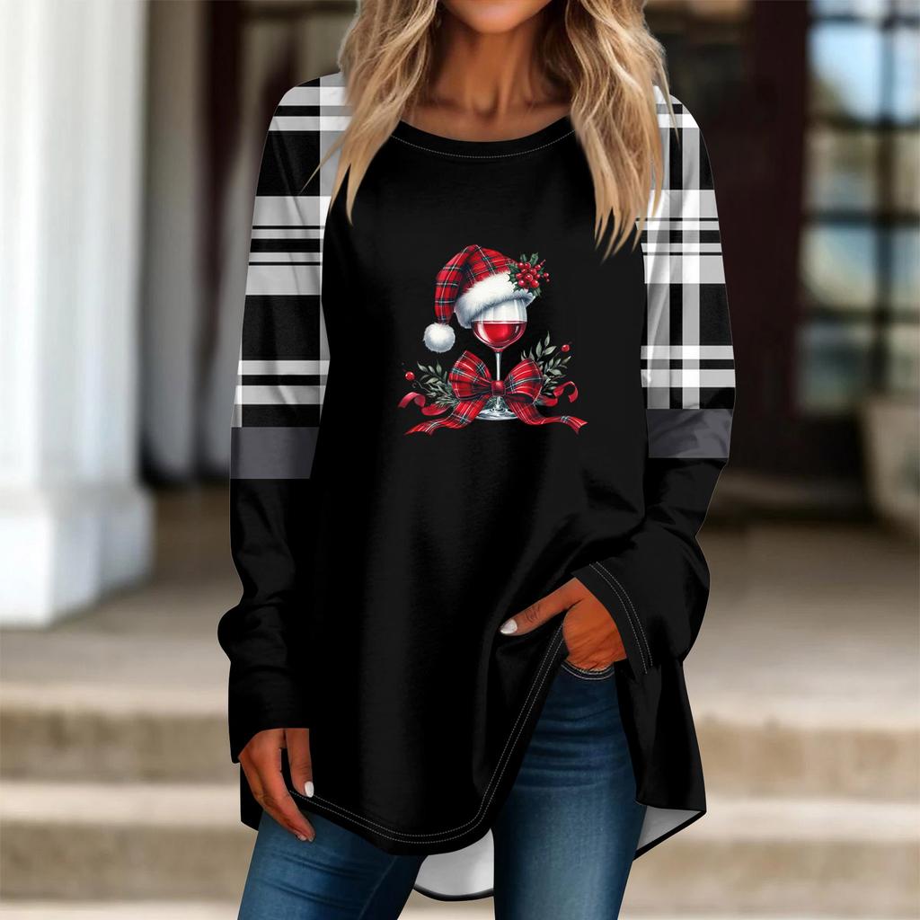 Fashionable Women's Loose Round Neck Christmas Small Print Long-sleeved T-shirt Top Pullover