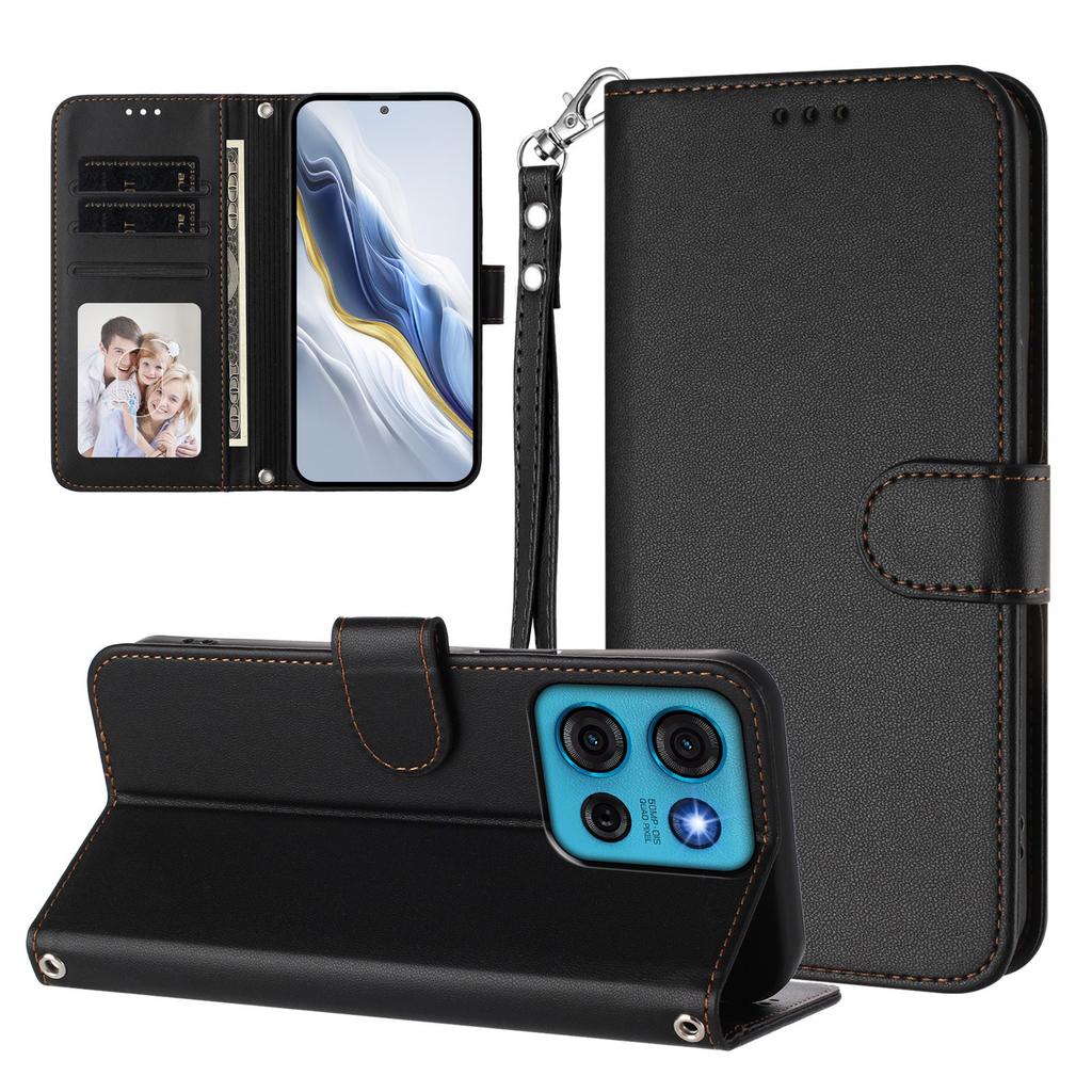 For Motorola Moto G75 5G Leather Case Wallet Stand Phone Cover with Wrist Strap