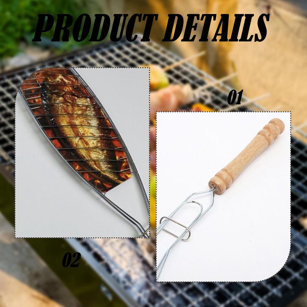 Fish Grilling Basket Practical with Wooden Handle for Camping Shrimp Outdoor Flat