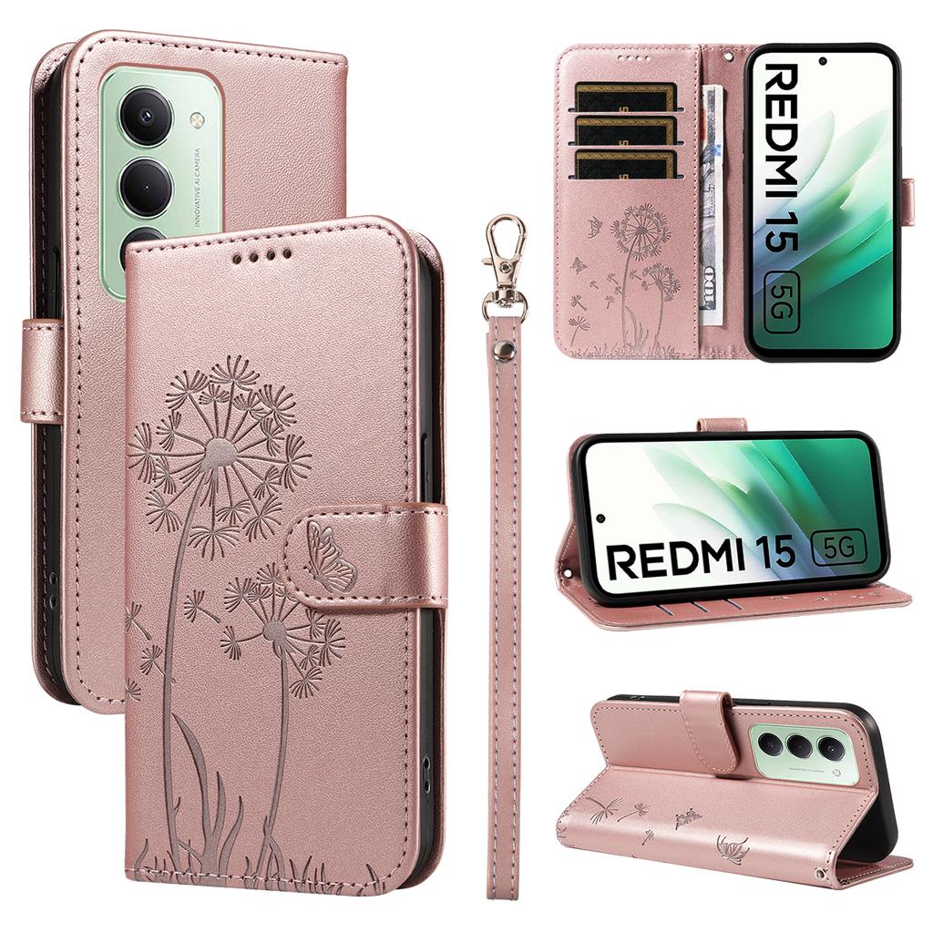 For Xiaomi Redmi 15 5G (Global) (169mm) Leather Wallet Case with Strap Dandelion Imprint Phone Stand Cover