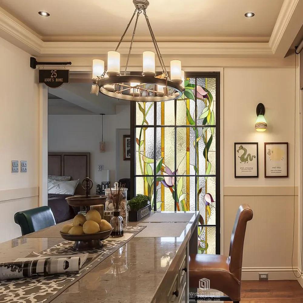 Retro Flowers Colorful Stained Glass Window Film Pattern Non-adhesive Window Decals Static Clings Non-Adhesive Window Stickers