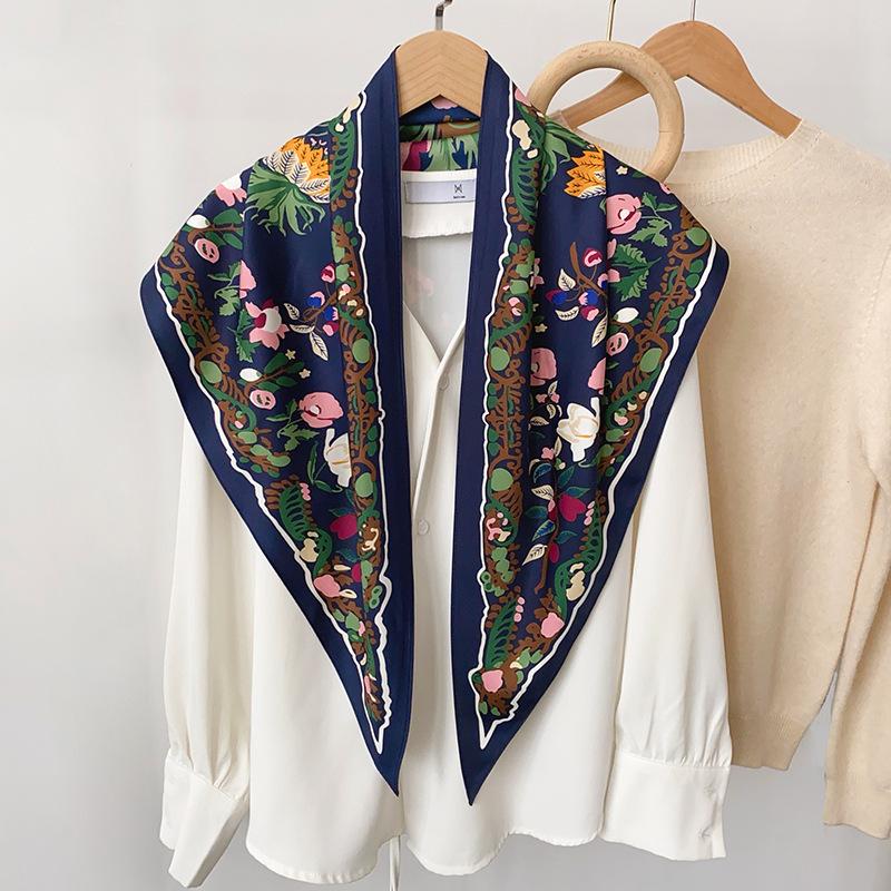 Big triangular scarf waist fart curtain Korean version flower temperament versatile twill silk scarf scarf four seasons fashion wear scarf