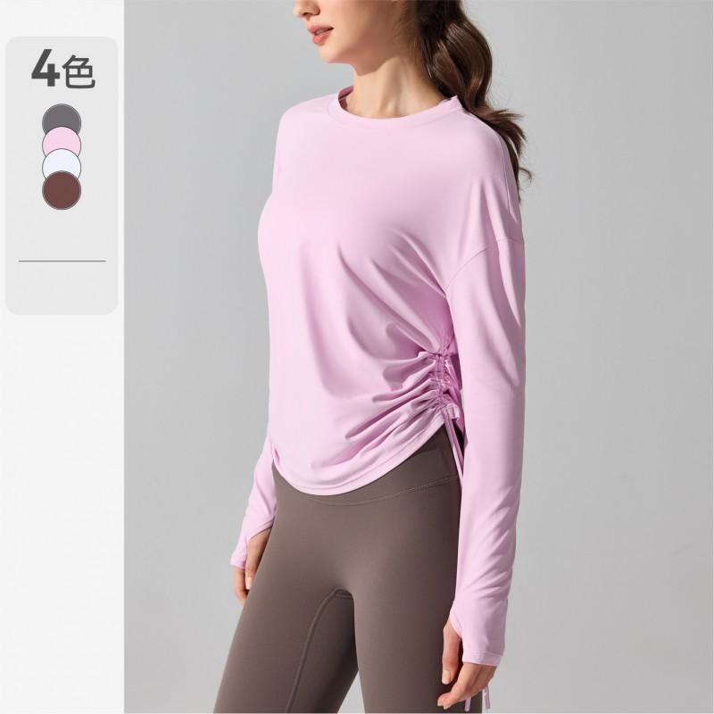 Womens Long Sleeve Workout Top With Drawstring Waist Breathable Quick-Dry Fitness Tee Running Yoga Casual Wear
