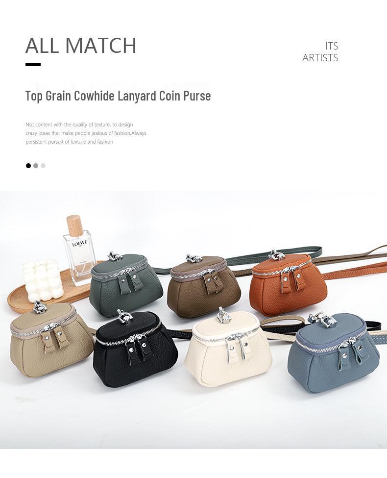 Compact Top-Grain Cowhide Coin Purse: Stylish Necklace Pouch for Lipstick, Makeup, or Earphones