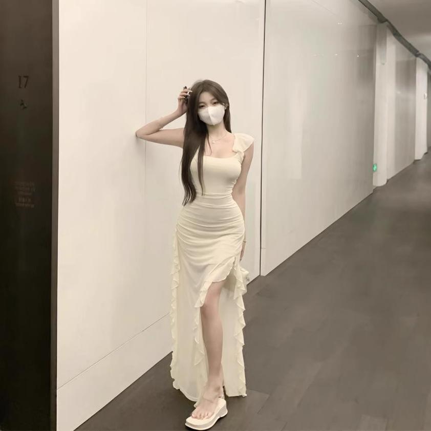 Pure Desire Wind Split Suspender Dress Female Summer Spice Girl Small Flying Sleeves Waist Mesh Skirt Irregular Medium and Long Skirt