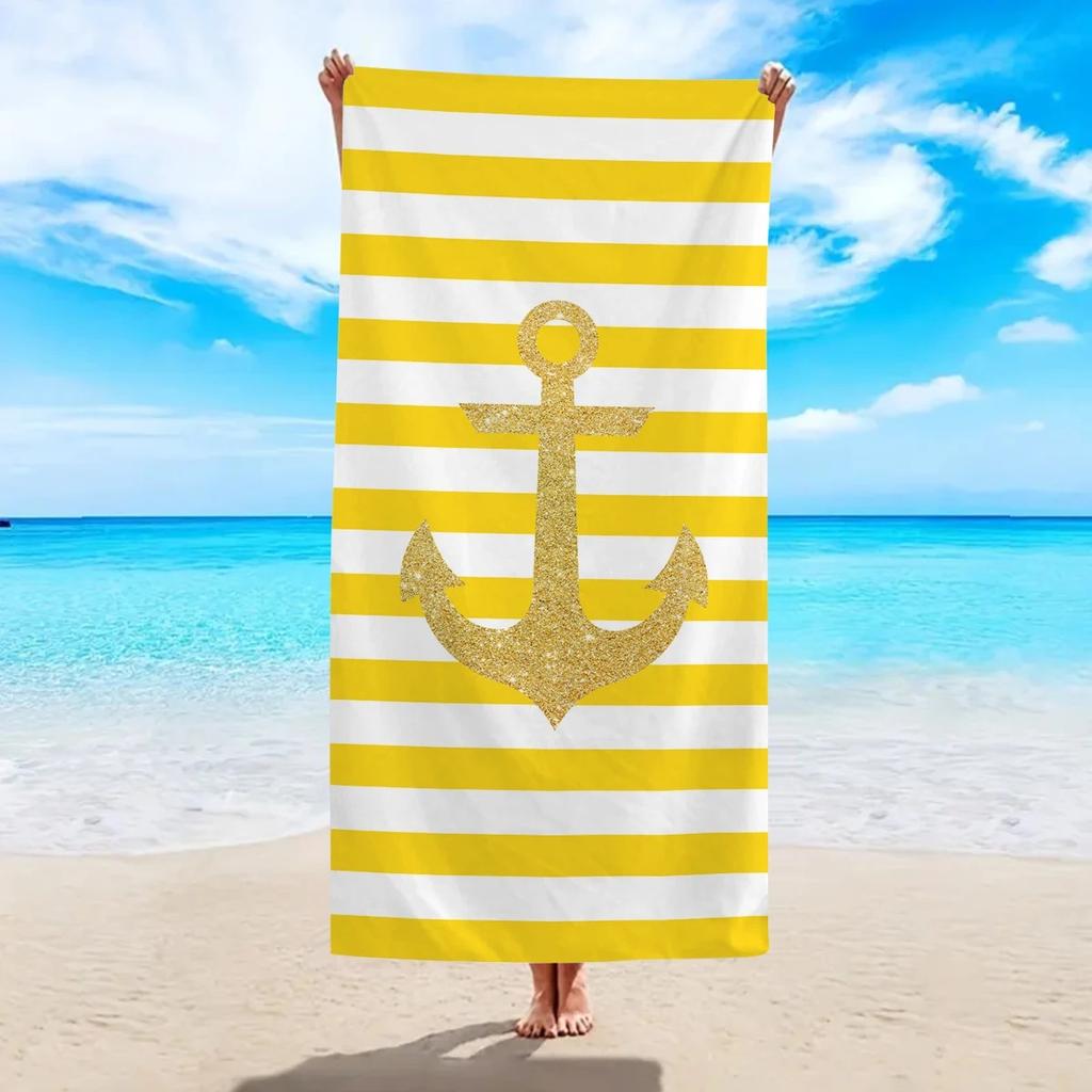 Nautical Anchor Beach Towel 2D Flat Printed Peach Skin Striped Soft Bath Towel Gold Pattern Decorative Towel For Vacation Travel
