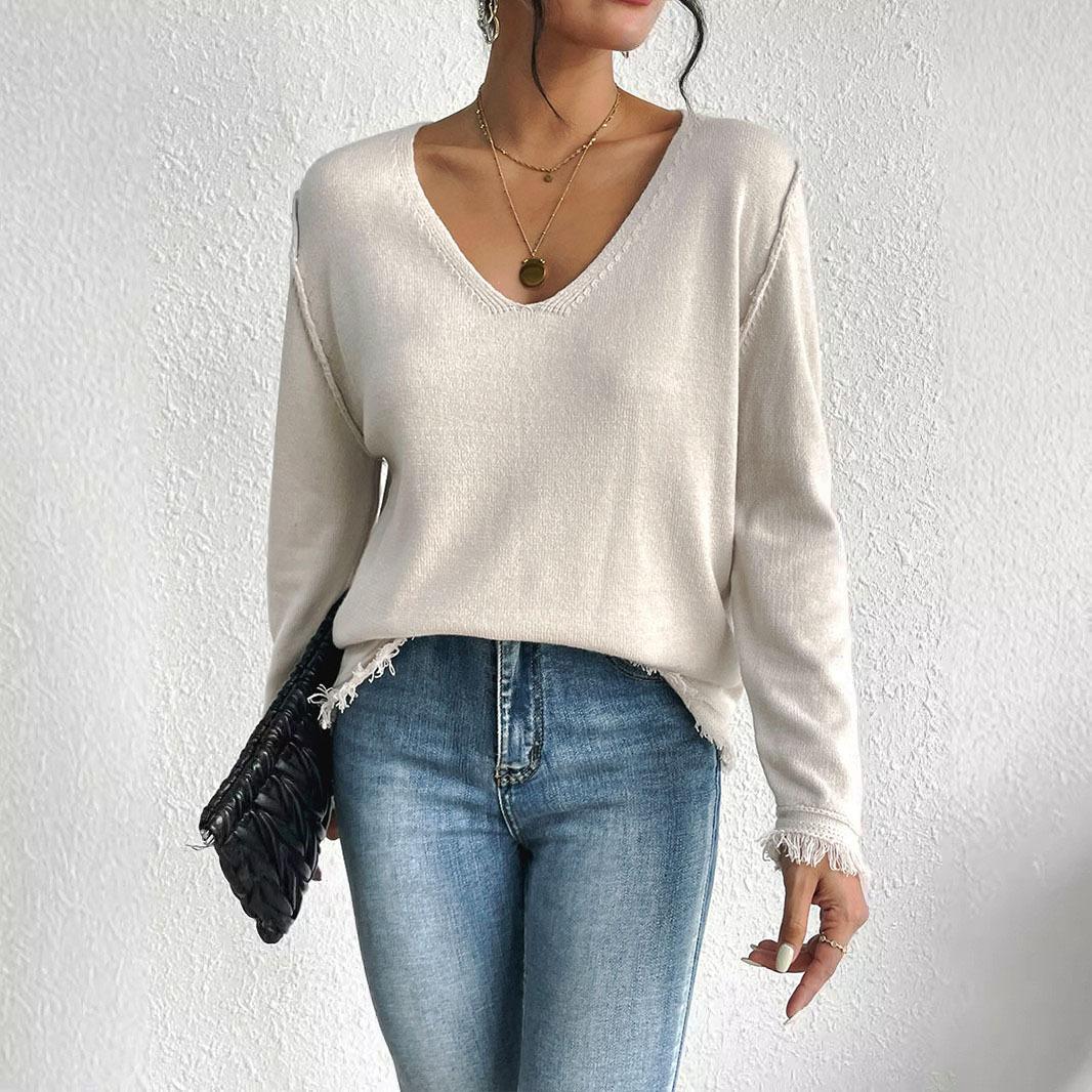 

Женский свитер плотной вязки с короткими рукавами и бахромой L бежевый