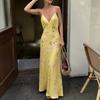Oymimi Casual Yellow Print Women's Dress Elegant Spaghetti Strap Open Back Dresses Autumn Fashion High Waist Ankle-Length Dress