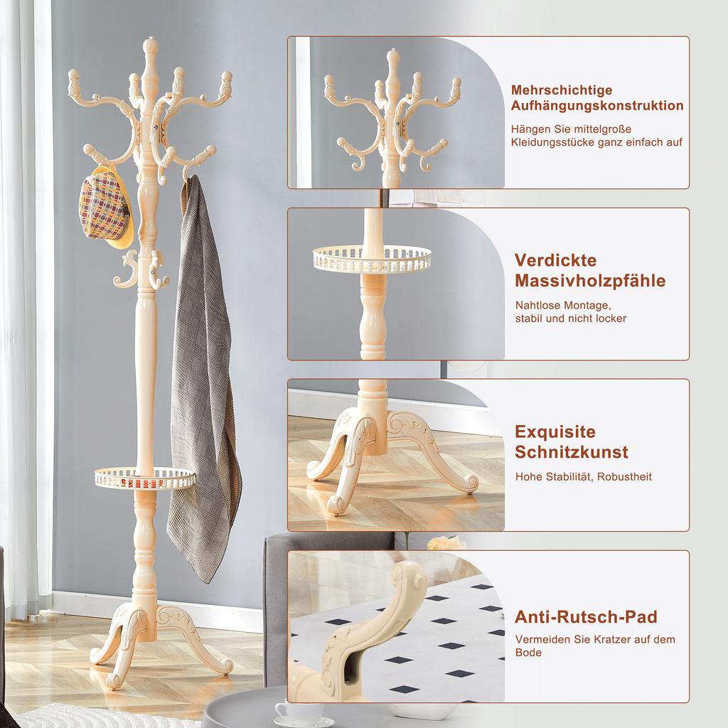 Give Your Home Elegance: Versatile European Coat Rack In Cream-White Solid Wood – Multi-Level, Sturdy, Easy To Assemble and with Non-Slip Feet.