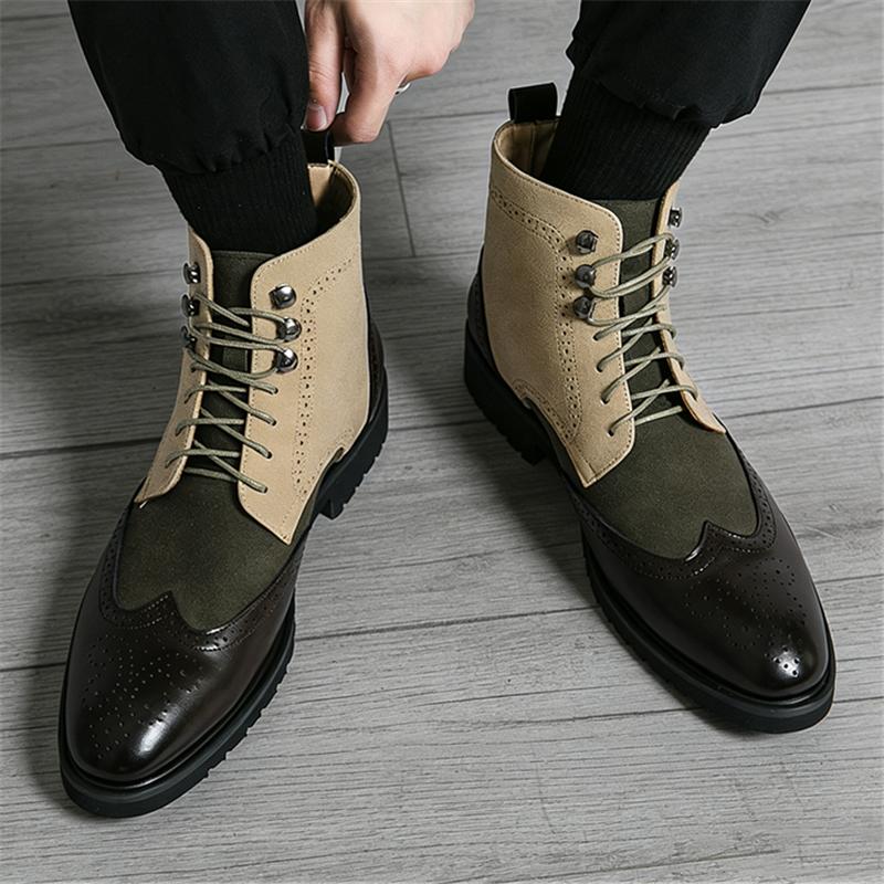 Winter Designer New Men Pointed Mix Colors Patchwork Brogues Ankle Boots Male Casual Luxury Brand High-top Shoes Zapatos Hombre