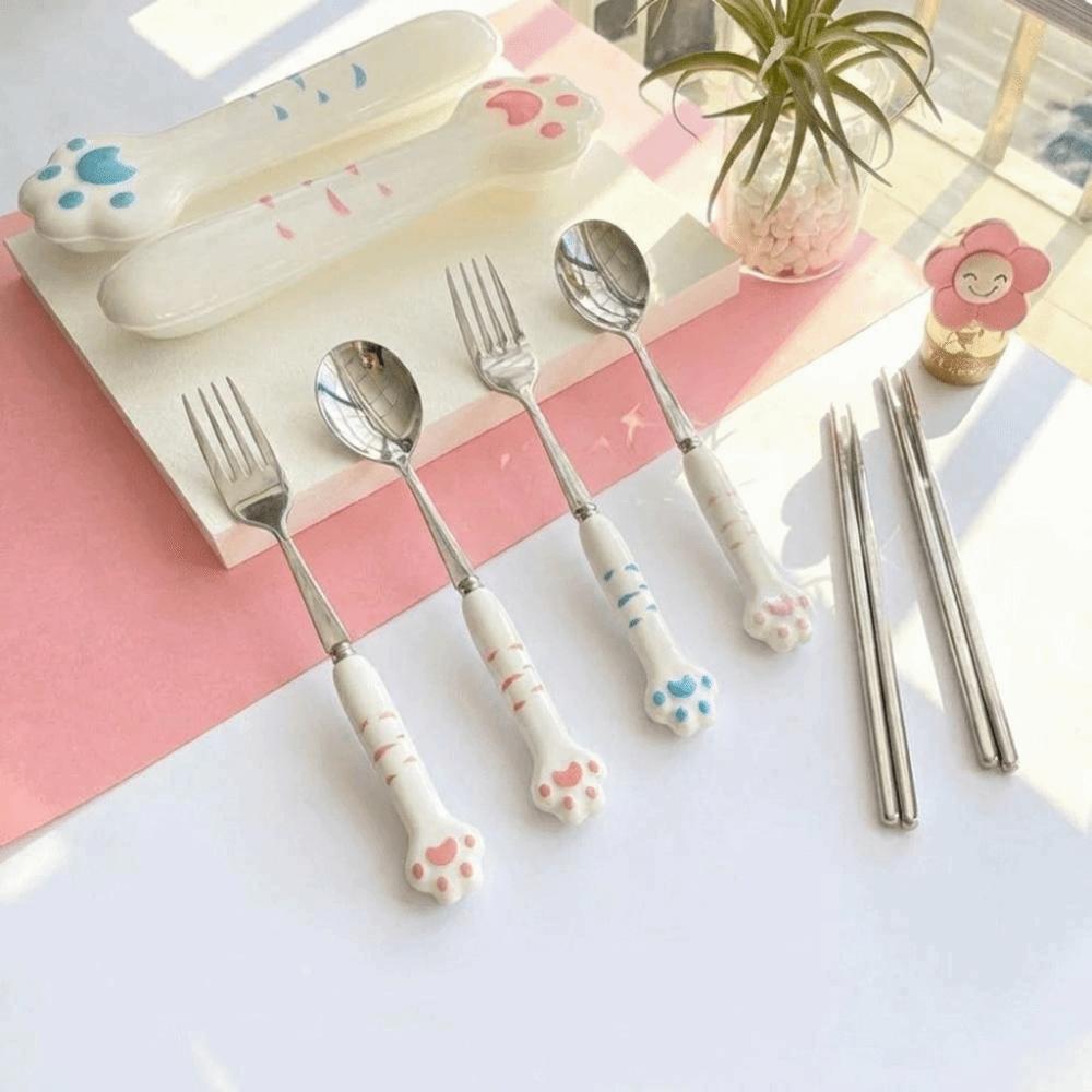 Cute Cat Paw Cutlery Set Portable Fork Spoon Set Meal Accessories Boxed Tableware  Tourism