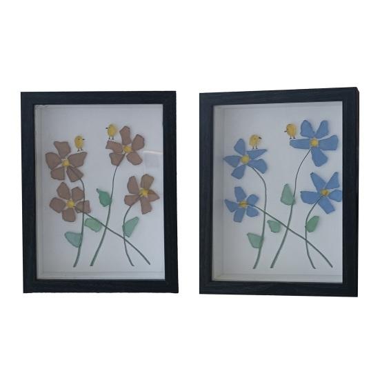 Yousheng Sea Glass Flower Birds Wall Art Handmade Sea Glass Decorative Photo Frame Gift for Mom Grandma Wife Girlfriend Friends